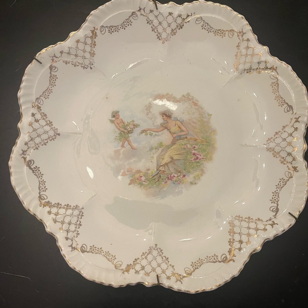 Charming Vintage Porcelain Reticulated Plate Lady And Cupid.